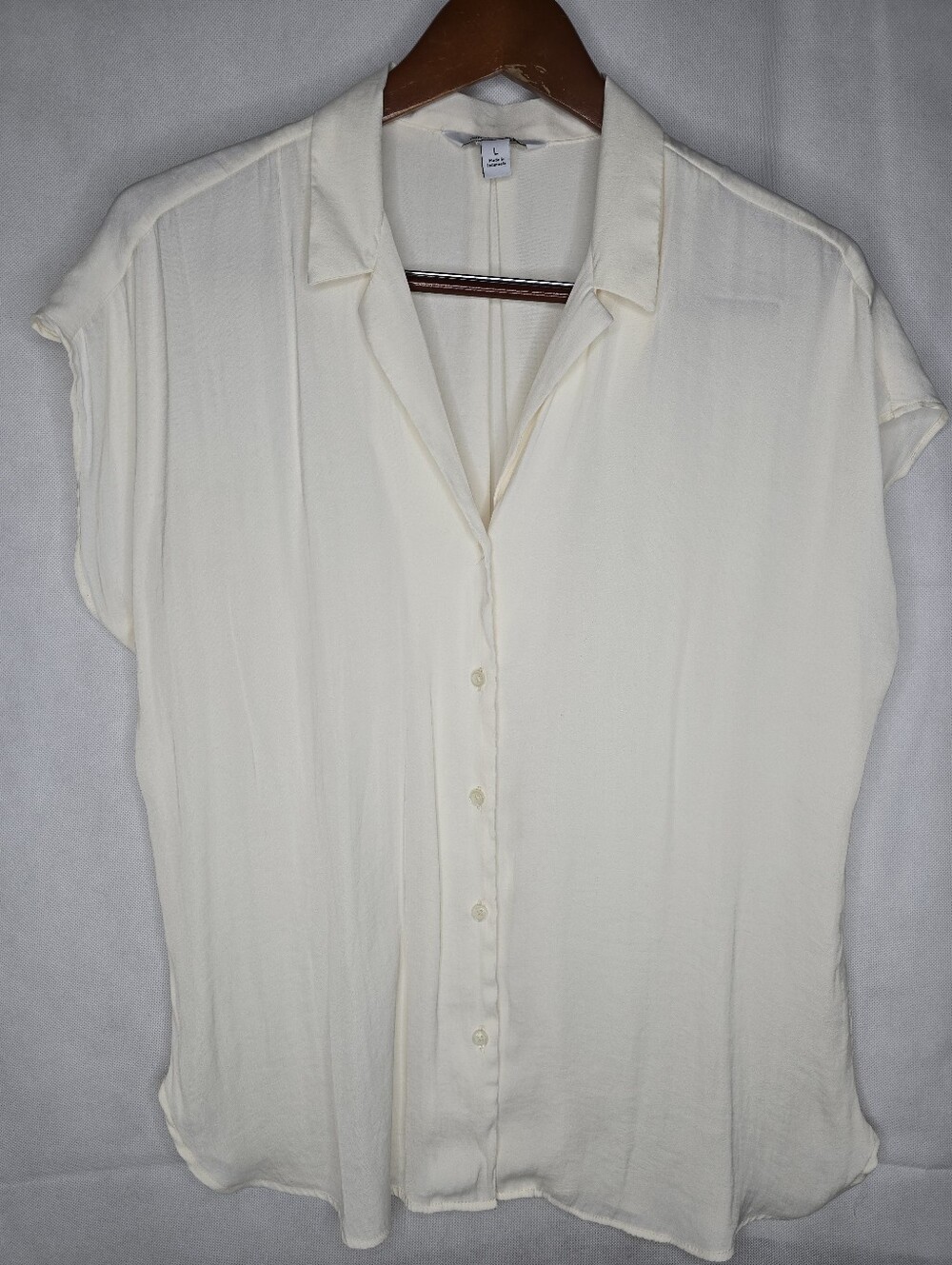 Nine West Blouse Ivory Collared Button Front Cap Sleeve Satiny Lightweight L